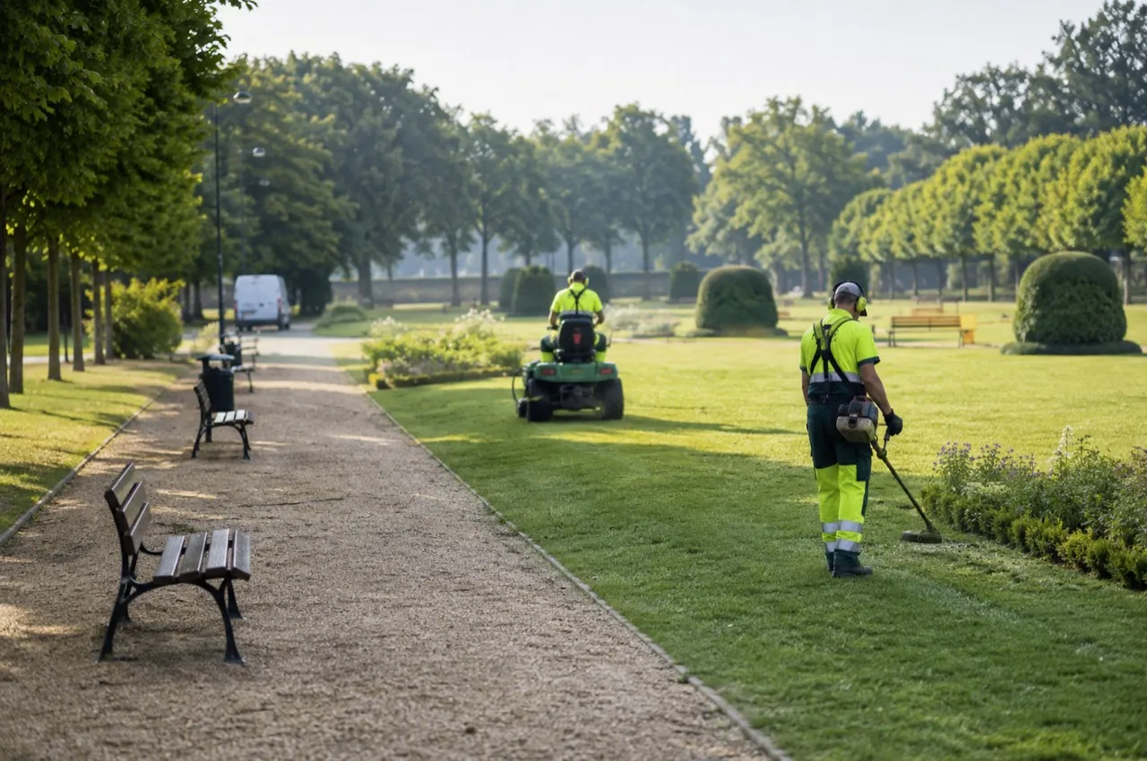 Équipe d'espaces verts entretenant un parc communal