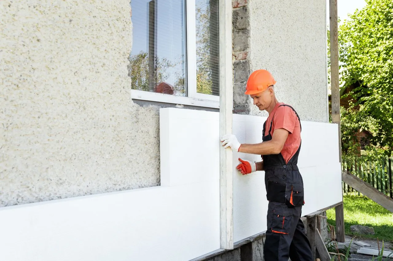 Artisan posant un isolant thermique dans des combles