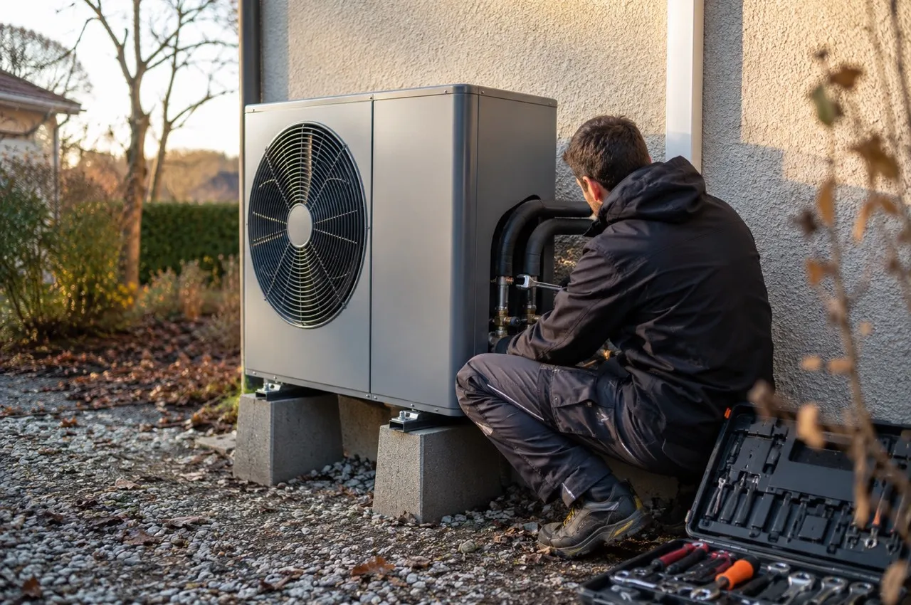 Installateur raccordant l'unité extérieure d'une pompe à chaleur air-eau