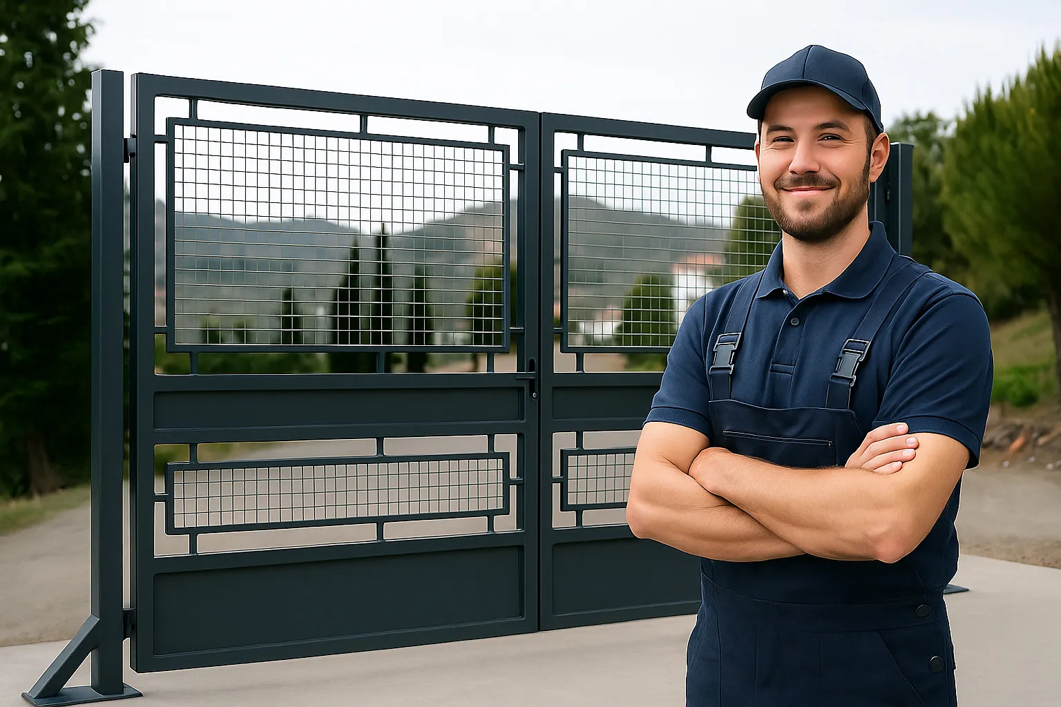 Installateur réglant la motorisation d'un portail coulissant