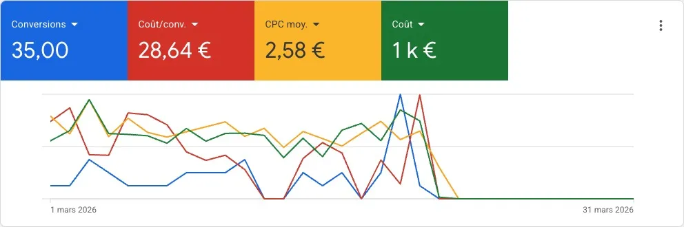 Rapport Google Ads sur un mois : 35 demandes pour 1 000 € de budget, soit 28,64 € la demande