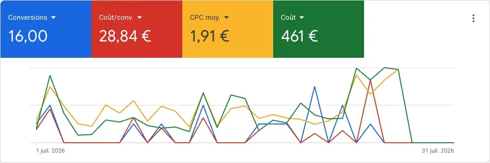 Rapport Google Ads sur un mois : 16 demandes pour 461 € de budget, soit 28,84 € la demande